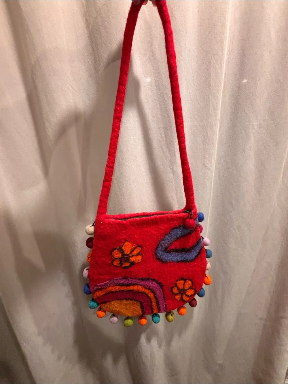 Red Floral Felt Crossbody Bag - Boho Pom-Pom Accent